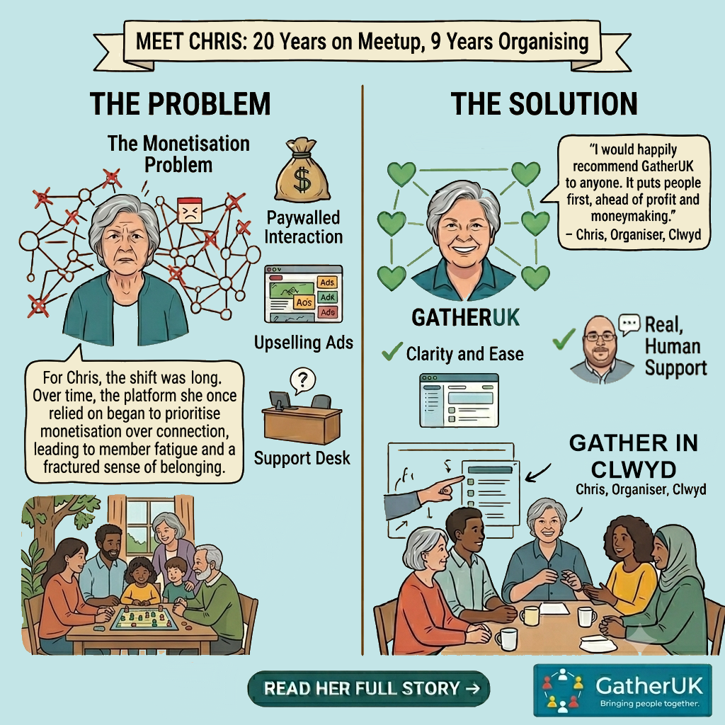 Case study: Chris and Gather in Clwyd — from twenty years on Meetup to a people-first home on GatherUK
