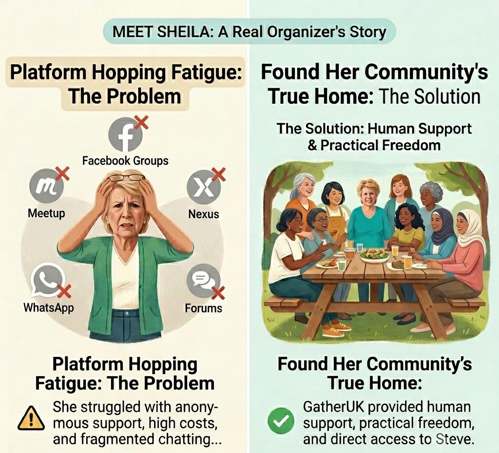 Case study infographic: Sheila started New Forest Lunchers on GatherUK after platform hopping fatigue with Meetup, Facebook and WhatsApp