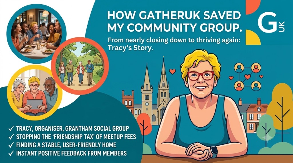 Case study infographic: Tracy and Grantham Social Group — how GatherUK saved a community group from closing down
